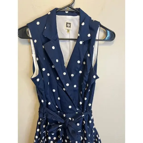 Anne Klein Navy Blue Polka Dot Sleeveless Midi Length Summer Dress Size 10 - Picture 2 of 10